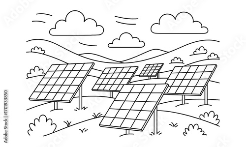 Solar farm landscape coloring page for kids and adults - renewable energy educational illustration