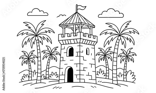 Fortified watchtower in oasis with palm trees and clouds for design and illustration