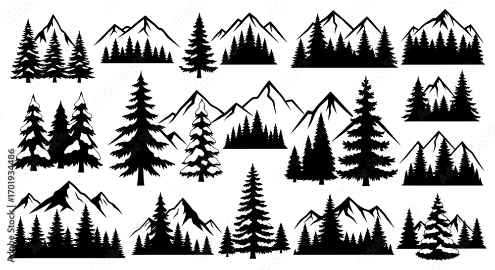 Obraz premium Silhouetted Mountainscapes A Collection of Trees and Peaks
