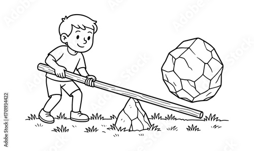 Child exploring lever and fulcrum concept with rock and stick illustration for educational materials and learning