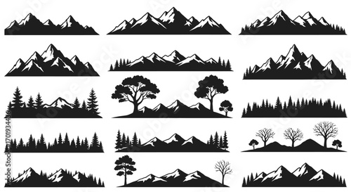 Set of stylized mountain range illustrations in silhouette, featuring diverse terrains like peaks, forests, and trees
