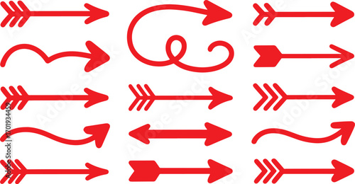 Collection of red arrows in various styles, including straight, curved, and double-headed, perfect for design and illustration projects