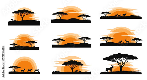 African Savannah Landscape Silhouettes with Sunsets