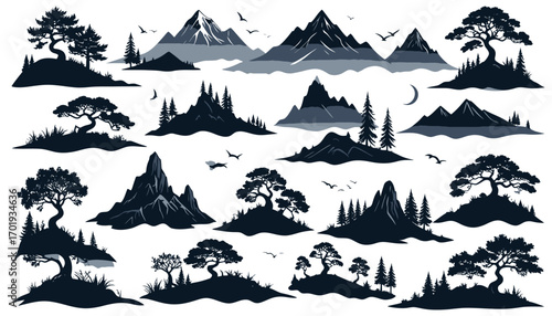 Stylized Silhouette Collection of Mountains, Trees, and Island Elements in Monochrome