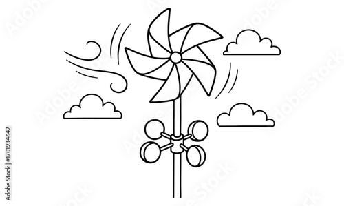 Pinwheel anemometer with wind gusts and clouds illustration for weather and science education
