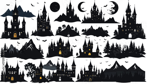 Spooky Silhouetted Castles and Mysterious Landscapes for Halloween and Fantasy Designs