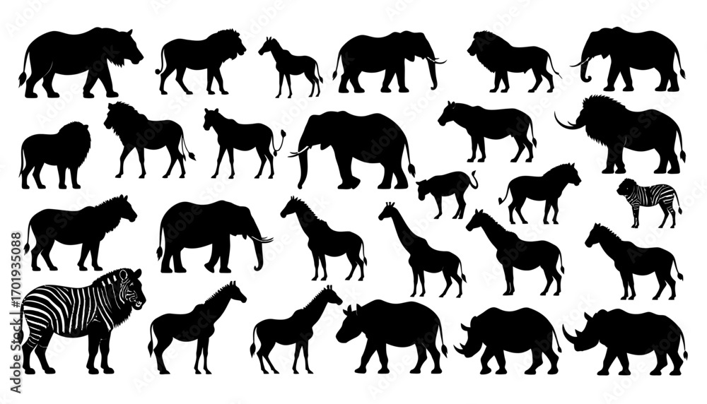Naklejka premium A comprehensive collection of African safari animal silhouettes, featuring elephants, lions, and zebras for wildlife design projects
