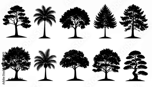 Elegant collection of diverse tree silhouettes, perfect for illustrating various natural landscapes and ecological design concepts in graphic projects
