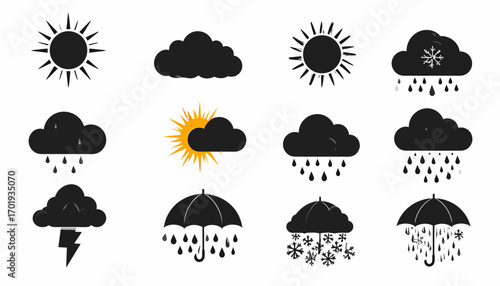 Weather Icons Sun, Cloud, Rain, Snow, and Umbrella Symbols