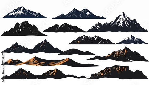 A diverse collection of stylized mountain ranges, featuring rugged peaks, snow-capped summits, and arid desert landscapes, perfect for nature-themed graphic design projects and adventurous backdrops