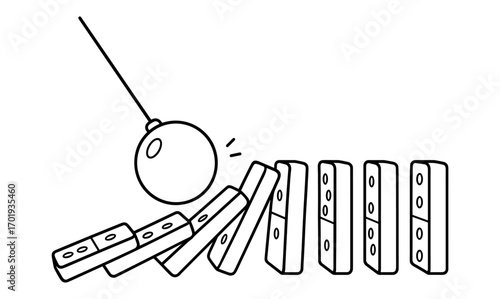 Domino chain reaction with pendulum impact - conceptual illustration for educational and design uses