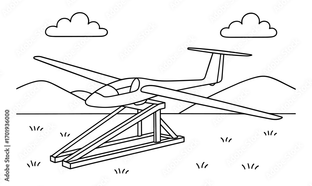 Obraz premium Glider coloring page for kids featuring simple design with scenic mountain background and clouds