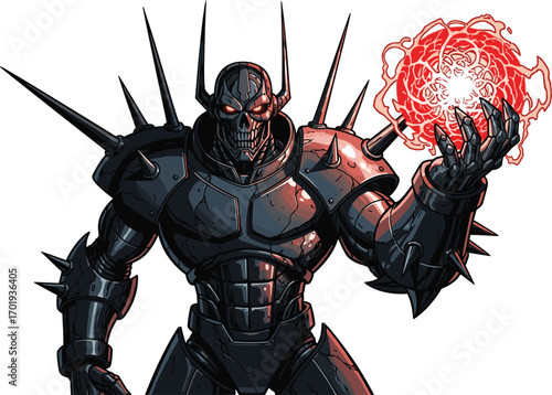 Dark armored skeleton warrior, glowing red magical energy in hand, fantasy villain, menacing character, spiked armor, powerful magic, dark fantasy