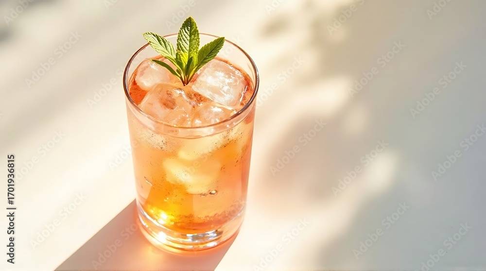 Naklejka premium Glass of iced amber-colored beverage with fresh mint leaf garnish on white surface