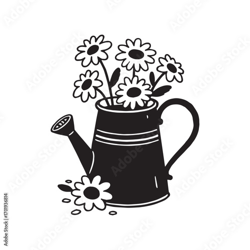 Rustic Watering Can with Blooming Spring Daisies Silhouette on white Background. 