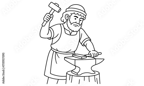 Bronze age smith at forge coloring page for educational and historical craft projects