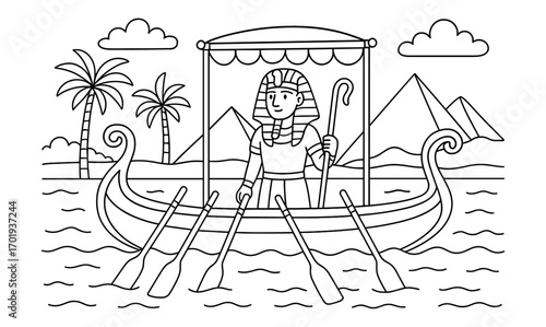 Ancient egyptian pharaoh sailing on the nile river - historical line art illustration for educational and cultural themes