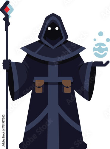 Dark hooded wizard casting magic spell with glowing orb and staff, fantasy sorcerer character, mystical mage, magical powers concept