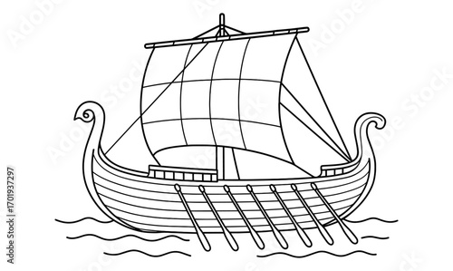 Vintage phoenician ship outline illustration for nautical design and historical education