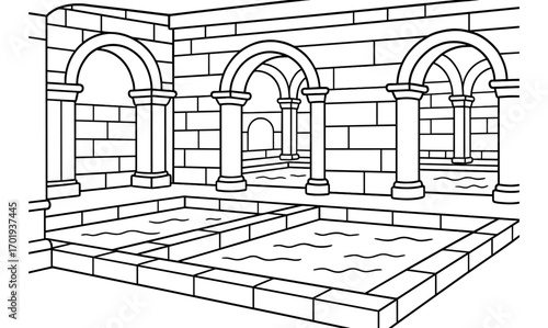 Roman bath theme coloring page for kids and adults - classic architecture design for relaxation activities