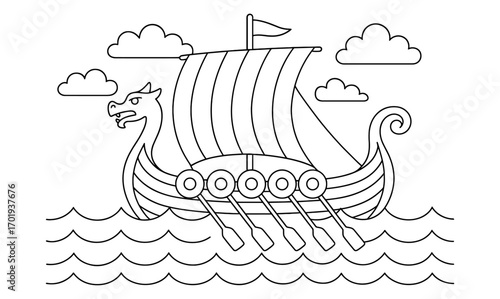 Viking longship adventure line art for coloring or design projects