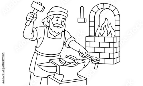 Medieval blacksmithing scene illustration with craftsman forging horseshoe