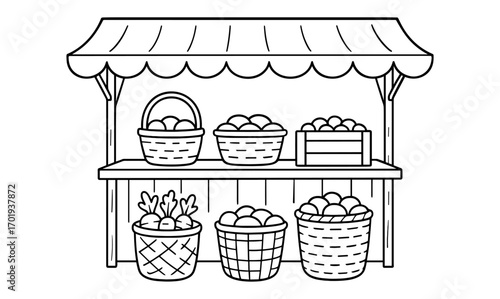 Medieval market stall illustration featuring baskets of produce for design and print purposes