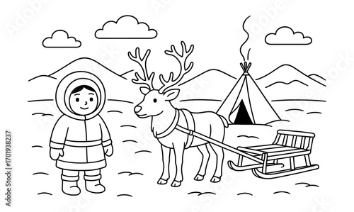 Nomadic winter scene with reindeer and sled at traditional camp in snowy landscape