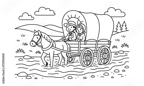 Pioneer wagon adventure: children riding in a horse-drawn cart across a scenic river journey