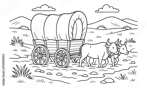 Pioneer wagon adventure illustration with oxen in countryside landscape for educational design