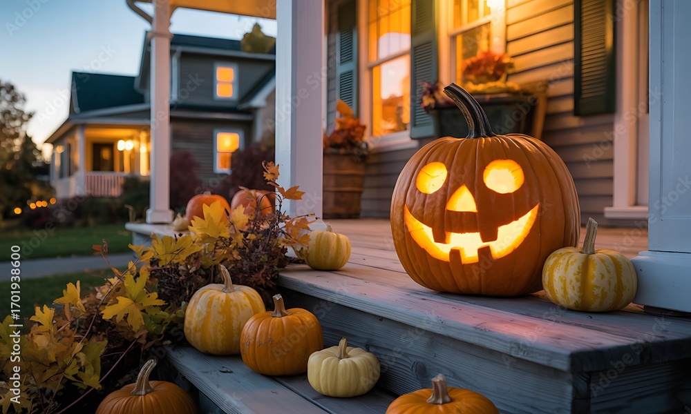 Obraz premium Glowing jack-o-lantern on wooden porch steps during autumn evening