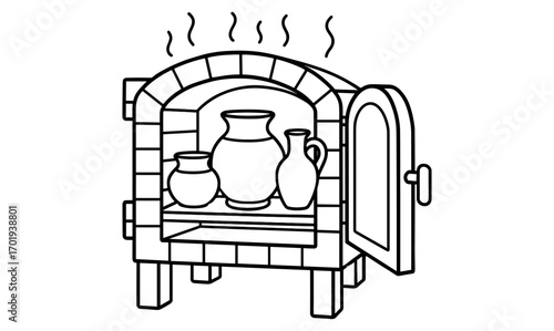 Pottery kiln illustration with clay vases - simple composition for art and craft design