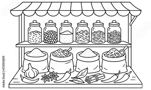 Spice market illustration with herbs and spices perfect for culinary design and educational materials