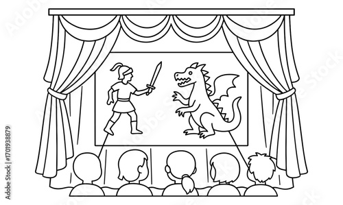 Shadow puppet theater with knight and dragon scene - engaging children's entertainment design