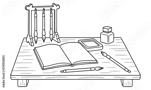 Elegant calligraphy table coloring page for creative relaxation and art therapy