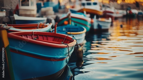 Wallpaper Mural Colorful fishing boats moored in a harbor at sunset Torontodigital.ca