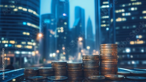 Stacks of coins rise against a backdrop of city lights