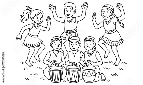Joyful drum circle dance with children in cultural attire for celebration and artistic inspiration
