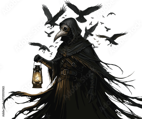 Dark plague doctor in tattered cloak holding lantern, surrounded by flying ravens, mysterious gothic illustration, eerie, Halloween, medieval plague theme.