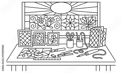 Stained glass workshop outline with tools and decorative panels for craft and design enthusiasts
