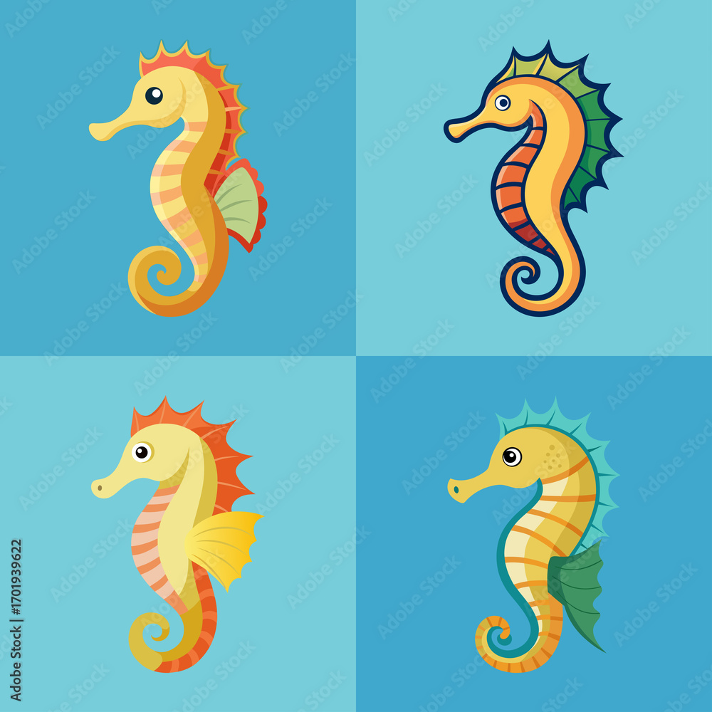 Fototapeta premium Four Cheerful Cartoon Seahorses: Bright, Colorful, Childlike Illustrations, Perfect for Children's Products