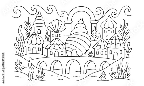 Merfolk city adventure theme with underwater architecture and seashell buildings