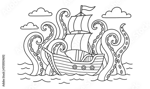 Nautical adventure: kraken tentacles embrace ship in ocean waves - coloring page design for kids