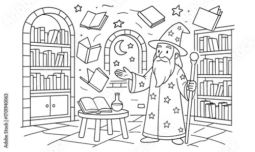 Enchanting wizard's library illustration with magical floating books and spellbinding interior design