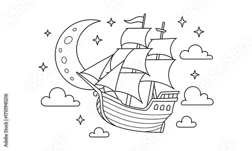 Whimsical flying ship adventure illustration with moon and stars for coloring or design