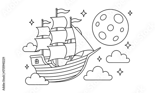 Flying ship adventure with moonlit sky for coloring pages or children's illustrations