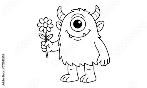 Friendly cyclops creature holding flower illustration for children's book and design projects