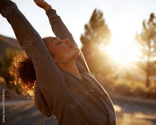 Holiday Stress Relief Moment, enjoying early morning sunlight and deep breathing outdoors for a peaceful and calm start to the day.