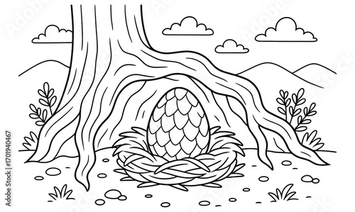 Whimsical dragon egg nest under tree - fantasy illustration for storybooks or coloring pages