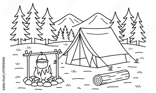 Ranger camp scene for children’s coloring activity and outdoor adventure theme